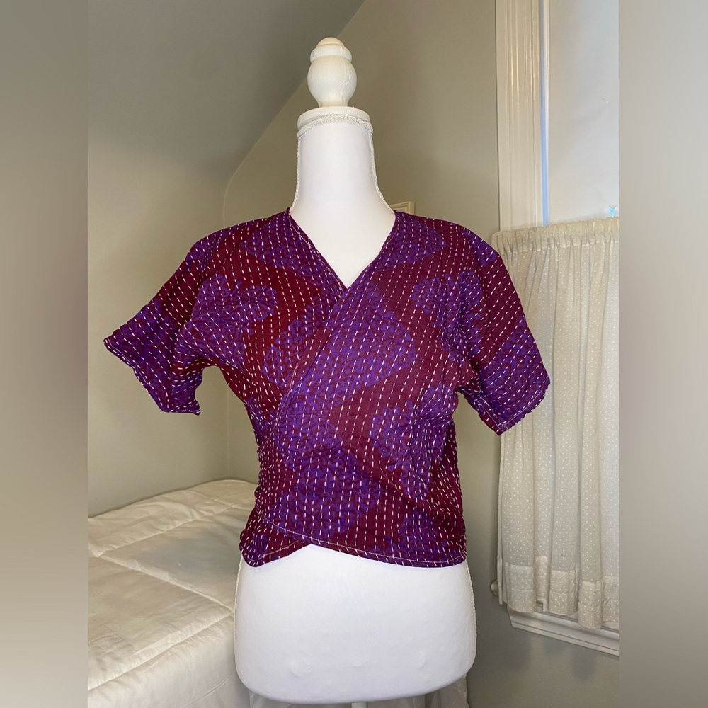 NWOT• Reversible Hand-Stitched Kantha Cotton Top • Plum & Magenta Tones • OSFM